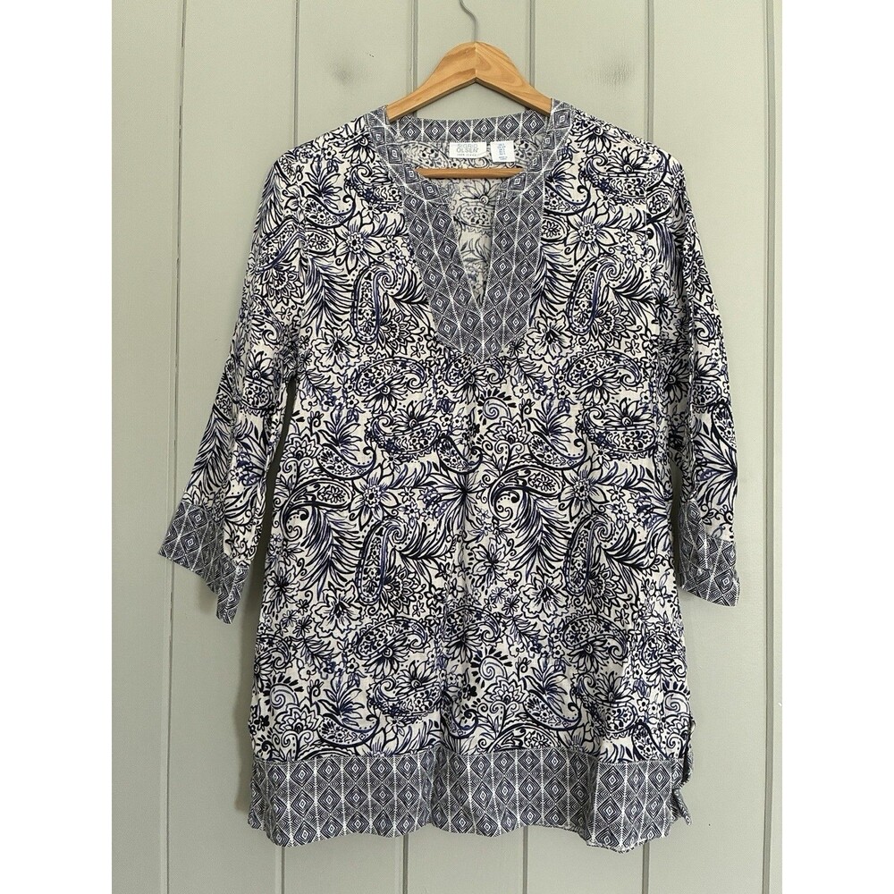 Sigrid Olsen Linen Tunic Top S Small Blue Floral Print 3/4 Sleeves V-Neck
